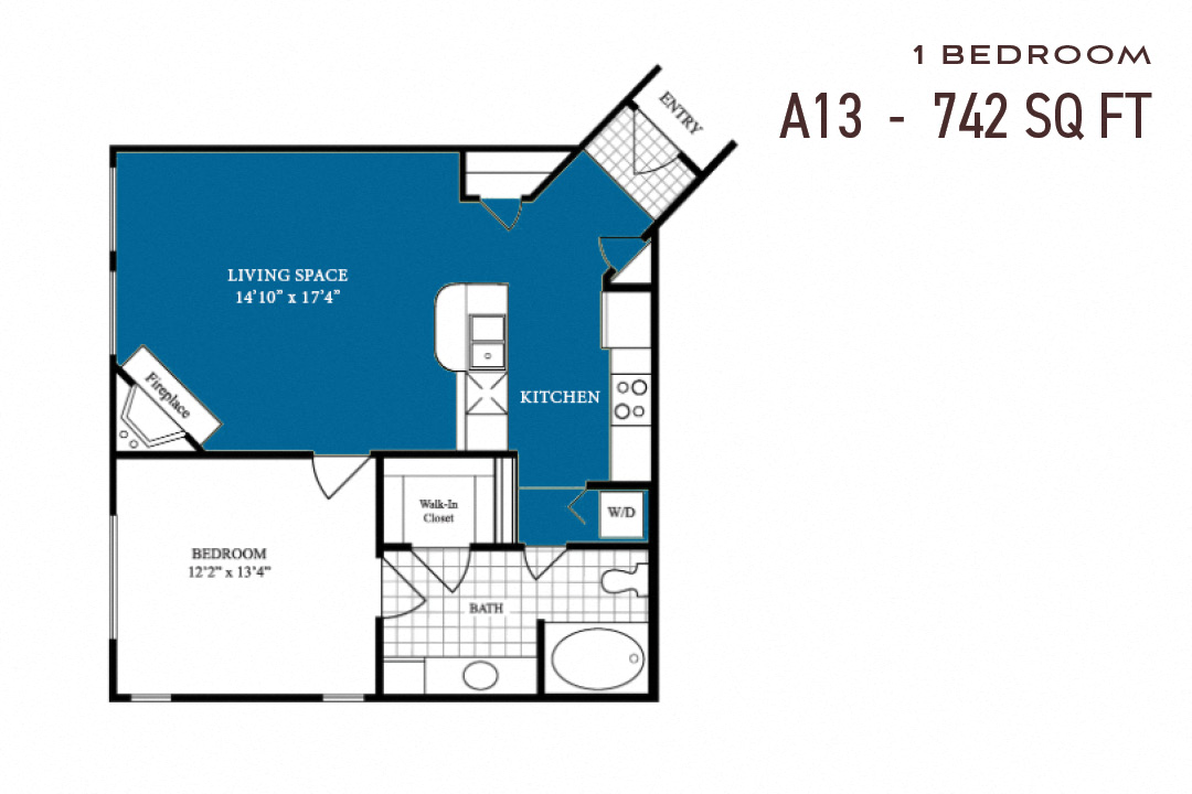 Floor plan for 1 bed, 1 bath, 742 sqft